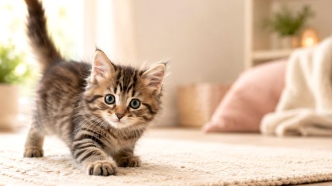 Young kitten sitting in a cozy room for a 2 month old kitten guide