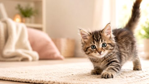 Playful kitten exploring indoors for a 3 month old kitten guide