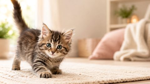 Curious kitten walking through a cozy room for a 4 month old kitten guide