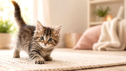 Growing kitten playing at home for a 5 month old kitten guide