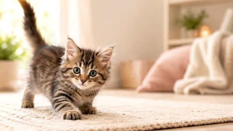 Six month old kitten relaxing indoors for a kitten age and care guide