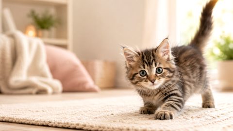Seven month old kitten perched indoors for a kitten age guide