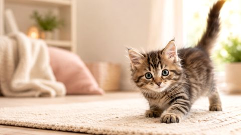 Eight month old kitten exploring a bright room for a kitten age guide