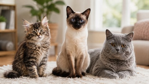Cats of different ages sitting together for the cat years to human years chart