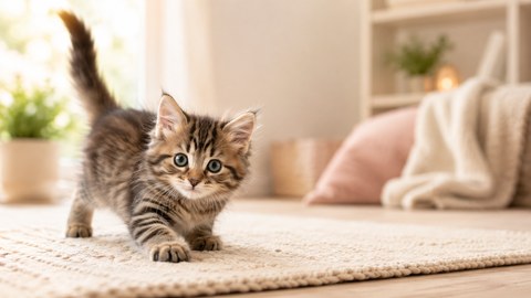 Playful kitten on a cozy rug beside the Kitten Years cat age calculator