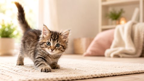 Young kitten exploring a bright room for the kitten age by month guide