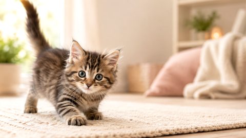Playful kitten indoors for the kitten care by age guide